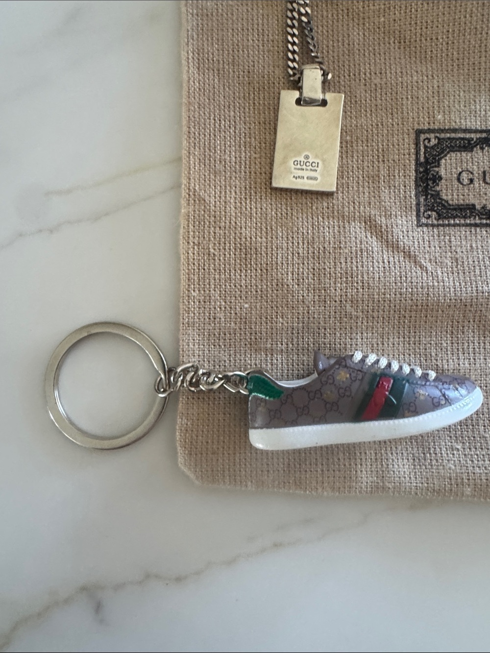 Gucci Silver-Tone  Pendant Necklace with Red-Green Stripe and keychain dust bag - Picture 3 of 7